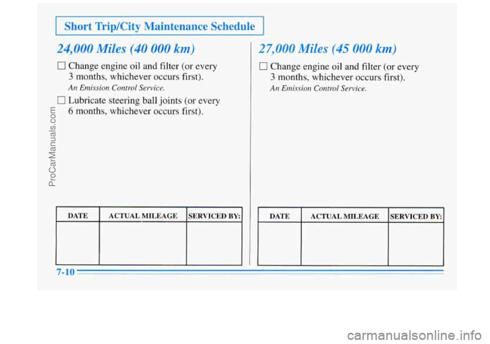 BUICK REGAL 1996  Owners Manual I Short Trip/City Maintenance Schedule I 
24,000 Miles (40 000 km) 
17 Change engine oil  and  filter (or every 
3 months, whichever occurs first). 
0 Lubricate  steering ball joints (or every 
6 mont