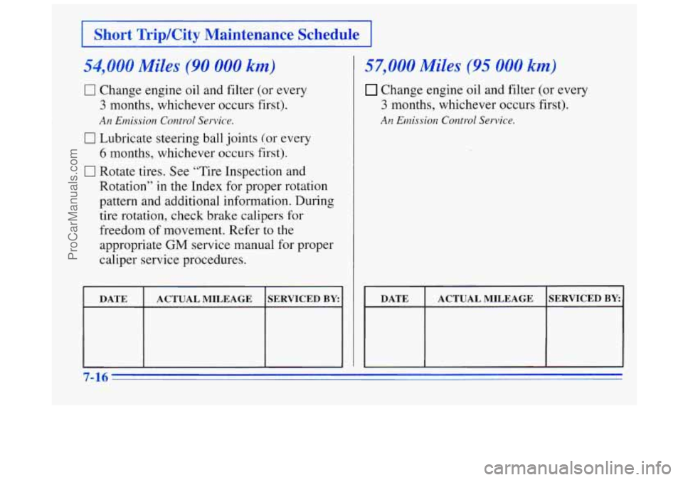 BUICK REGAL 1996  Owners Manual I Short  Trip/City  Maintenance  Schedule I 
54,000 Miles (90 000 km) 
r] Change engine oil and filter (or evev 
3 months, whichever occurs first). 
An Emission  Control Service. 
I7 Lubricate steerin