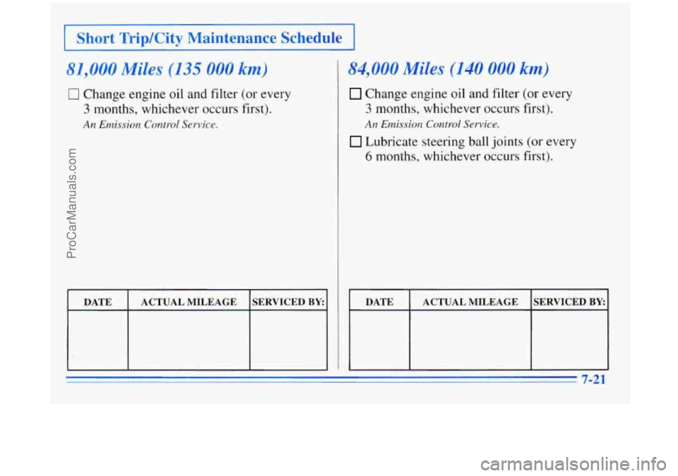 BUICK REGAL 1996  Owners Manual I Short TripKity Maintenance  Schedule I 
81,000 Miles (135 000 km) 
0 Change engine oil and filter (or every 
3 months, whichever occurs  first). 
An Emission Control Service. 
I I I 1 
DATE  SERVICE