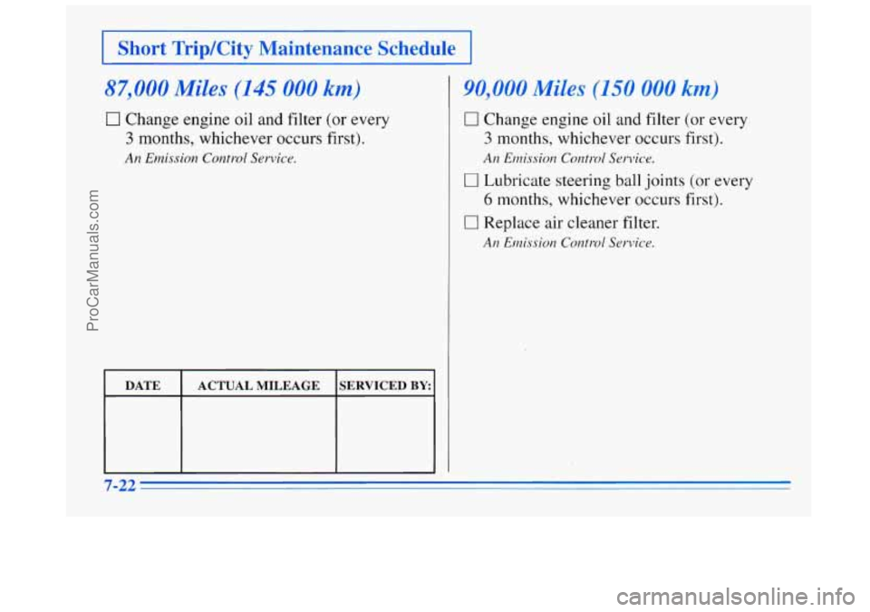 BUICK REGAL 1996  Owners Manual I Short  TriplCity  Maintenance  Schedule I 
87,000 Miles (x $5 000 km) 
0 Change engine oil and filter (or every 
3 months, whichever occurs first). 
An Emission Control Service. 
DATE  ACTUAL MILEAG