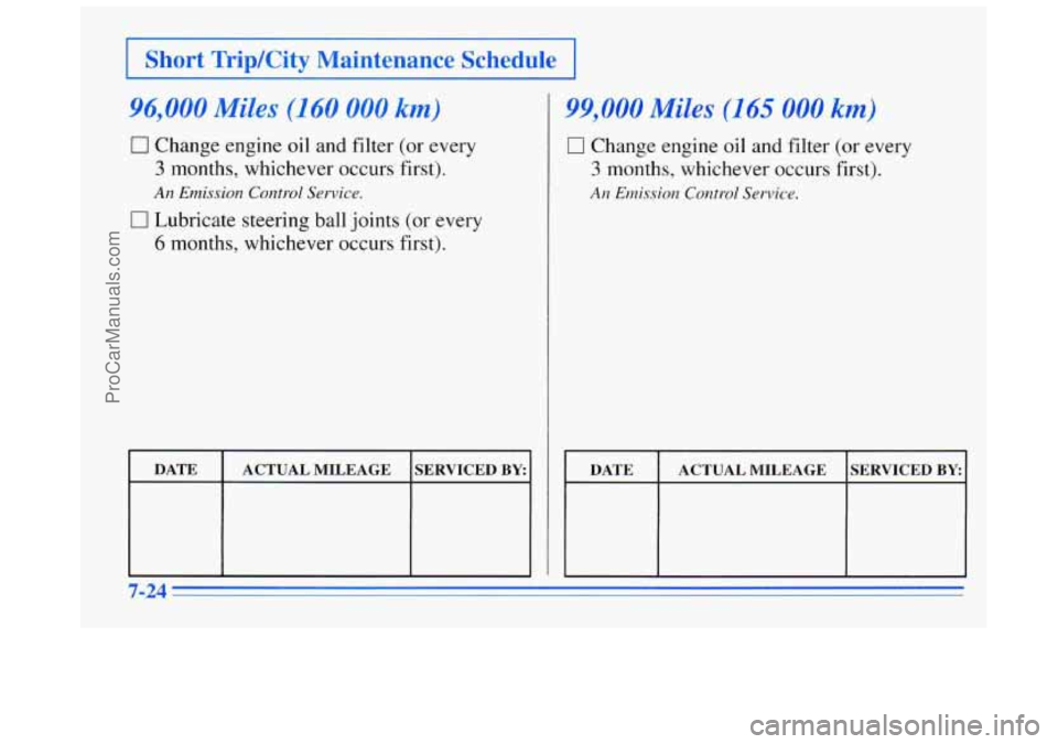 BUICK REGAL 1996  Owners Manual I Short  Trip/City  Maintenance  Schedule I 
96,000 Miles (1 60 000 - rn) 
0 Change  engine oil  and filter (or every 
3 months,  whichever occurs first). 
0 Lubricate  steering ball joints  (or every