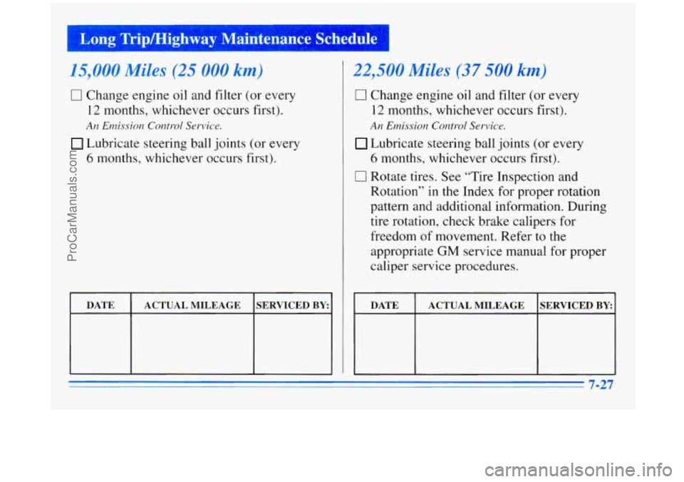 BUICK REGAL 1996  Owners Manual IJ- ng Tripmighway  NIaintenallcr:  Schedule 1 
15,000 Miles (25 000 km) 
0 Change  engine  oil and  filter (or every 
12 months, whichever  occurs  first). 
Lubricate  steering ball joints  (or  ever