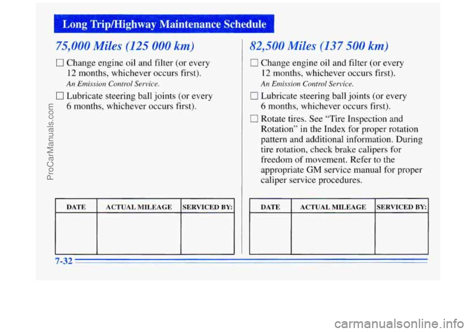 BUICK REGAL 1996  Owners Manual I Long  Tripmighway  Maintenance  Schedule 1 
75,000 Miles (125 000 km) 
0 Change engine oil and  filter  (or every 
12 months, whichever occurs  first). 
0 Lubricate steering ball joints  (or  every 