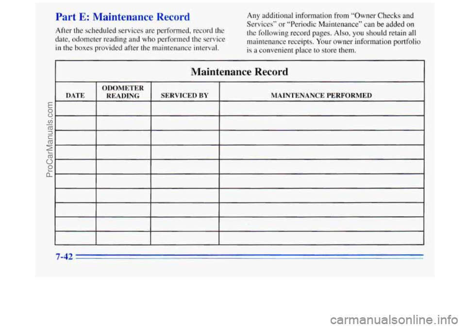 BUICK REGAL 1996  Owners Manual Part E: Maintenance Record 
After the scheduled services  are performed, record  the 
date,  odometer  reading and who performed  the service 
in the boxes provided after the maintenance interval. 
An