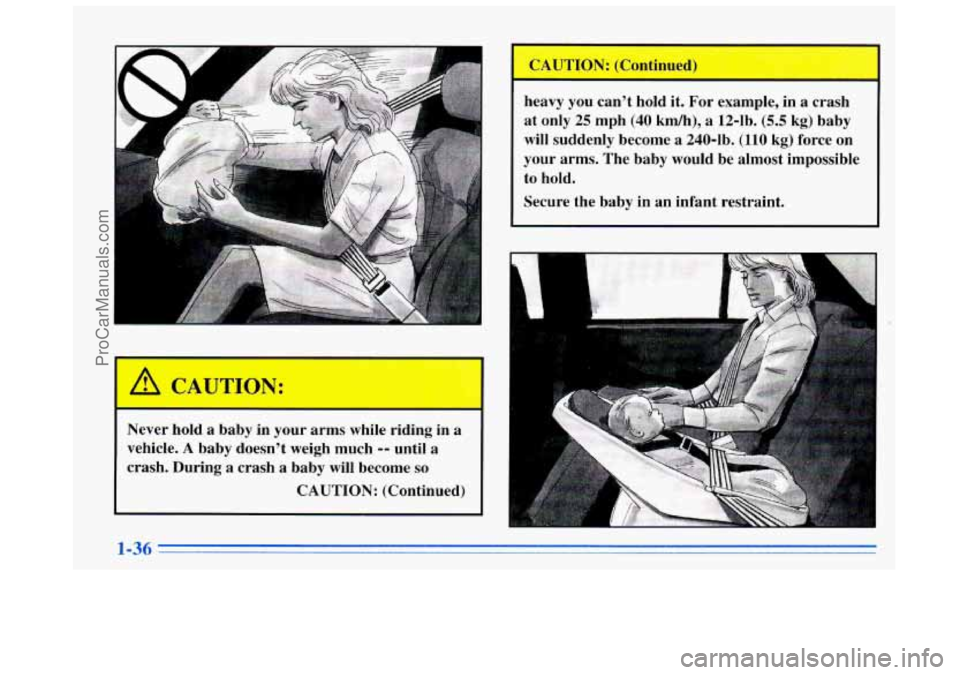 BUICK REGAL 1996  Owners Manual ‘A 
A 
Never  hold a baby in  your  arms while  riding  in a 
vehicle. A baby doesn’t  weigh much -- until a 
crash. During 
a crash a baby  will  become so 
CAUTION:  (Continued) 
I 
heavy  you c
