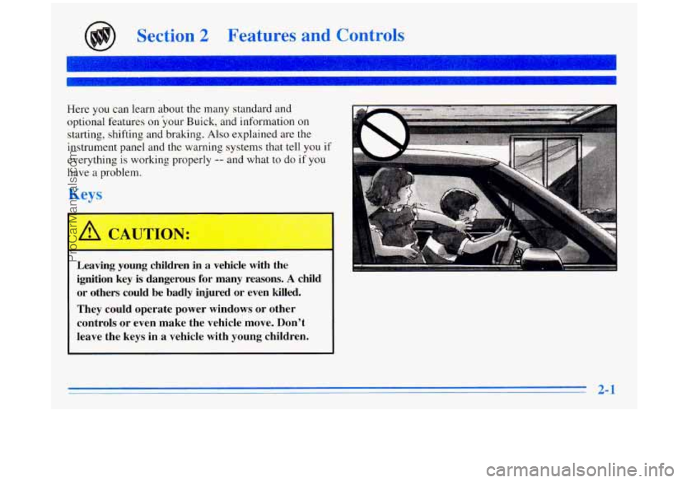 BUICK REGAL 1996  Owners Manual Section 2 Features and Controls 
Here you can learn  about the many  standard  and 
optional  features  on .your 
Buick, and  information on 
starting,  shifting and  braking.  Also  explained  are  t