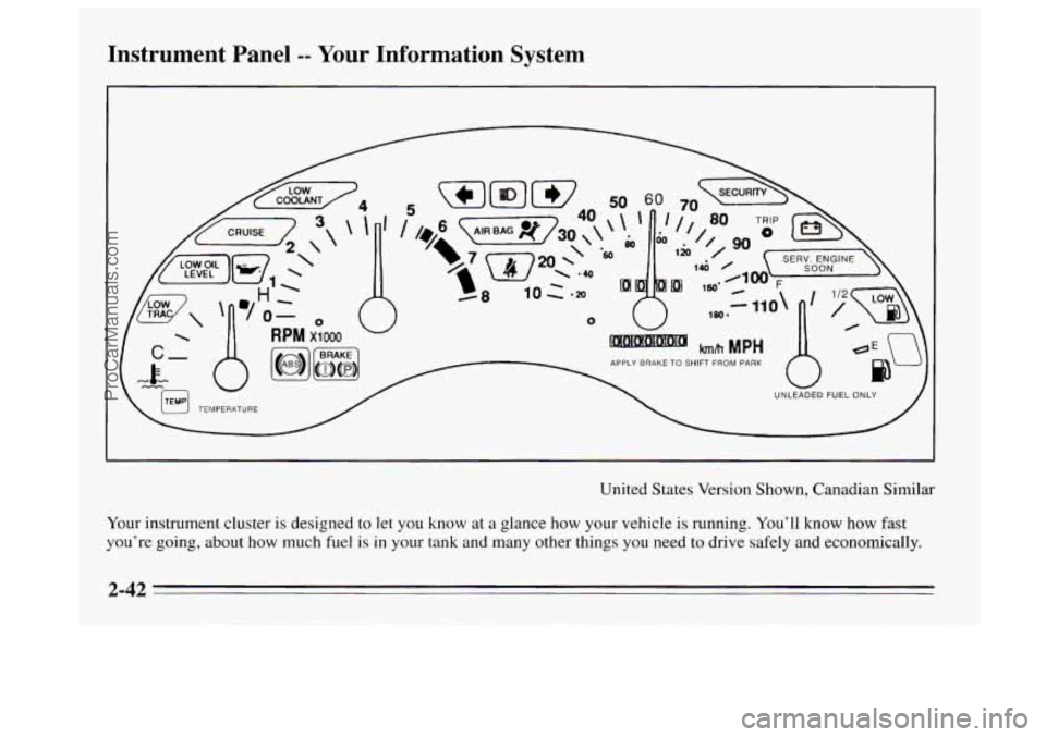 BUICK REGAL 1995  Owners Manual Instrument  Panel -- Your Information  System 
United  States Version  Shown, Canadian  Similar 
Your  instrument cluster 
is designed to  let  you know at a glance how your vehicle is running.  You