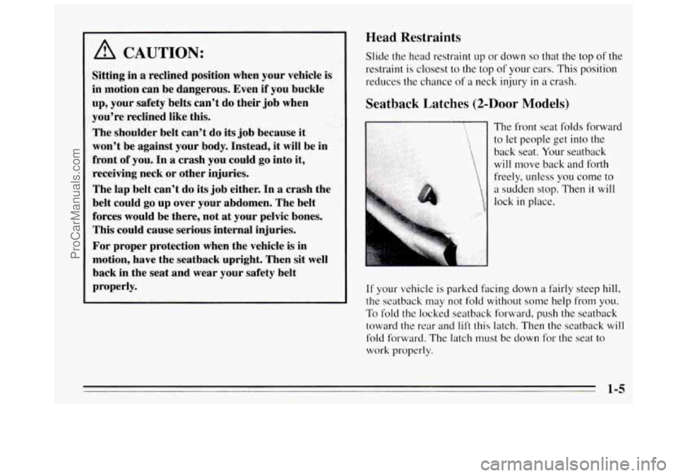 BUICK REGAL 1995  Owners Manual Head Restraints 
Slide the head restraint up or down so that the top of the 
restraint 
is closest to the top of  your  ears.  This  position 
reduces the chance 
of a  neck  injury in a crash. 
Seatb