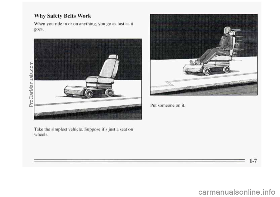 BUICK REGAL 1995  Owners Manual Why Safety Belts Work 
When you ride in or on anything, you go as fast as it 
goes. 
I 
Put someone on it. 
Take the simplest vehicle.  Suppose it’s just a seat on 
wheels. 
1-7 
ProCarManuals.com 