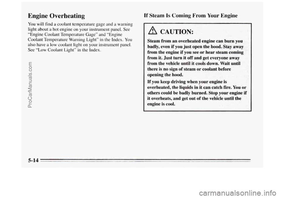 BUICK REGAL 1995  Owners Manual Engine Overheating 
You will find a coolant temperature gage  and a warning 
light about 
a hot  engine  on your instrument panel. See 
“Engine Coolant Temperature Gage” and “Engine 
Coolant Tem