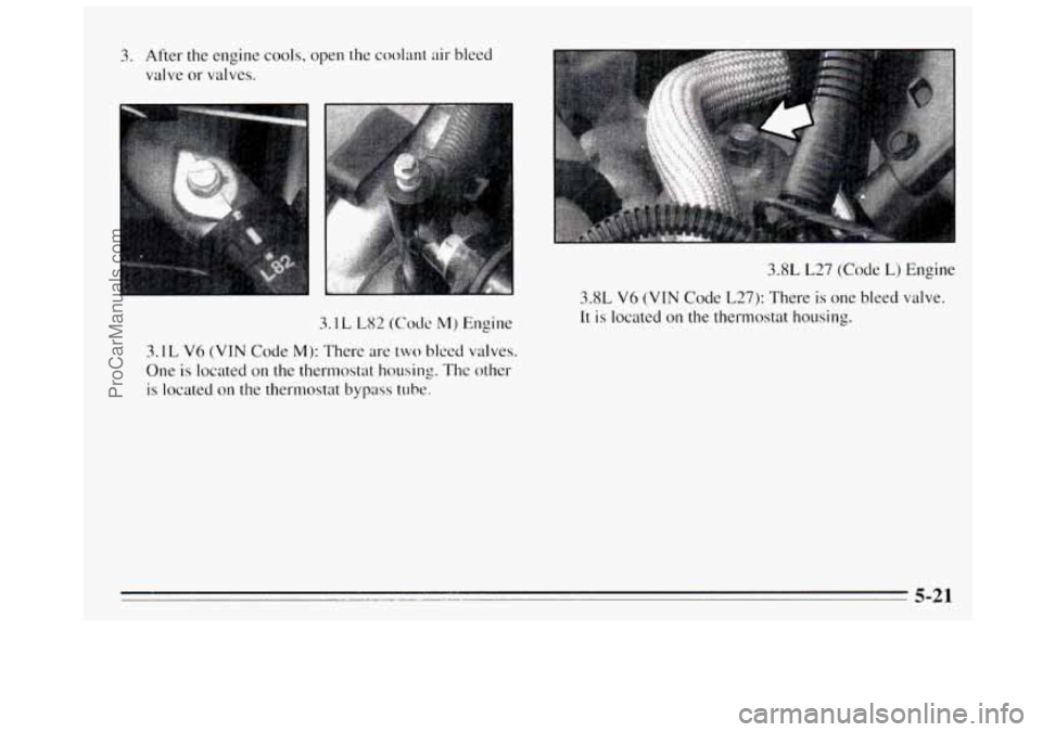 BUICK REGAL 1995  Owners Manual 3.  After the engine  cools,  open the coolant  air  bleed 
valve  or valves. 
3.1 L L82 ((lode M) Engine 
3.1L V6 (VTN Code M): There are two bleed valves. 
One 
is located on the thermostat  housing
