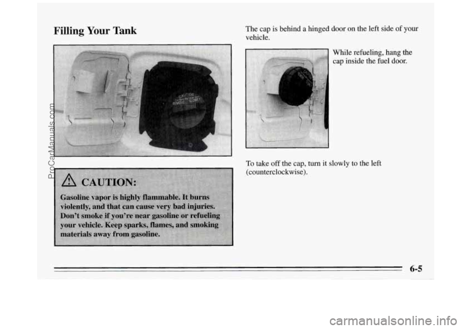 BUICK REGAL 1995  Owners Manual Filling Your Tank The  cap is behmd a hinged door on the  left  side of your 
vehicle. 
While refueling,  hang the 
cap  inside  the  fuel  door. 
To take off the  cap, turn 
(counterclockwise).  it 
