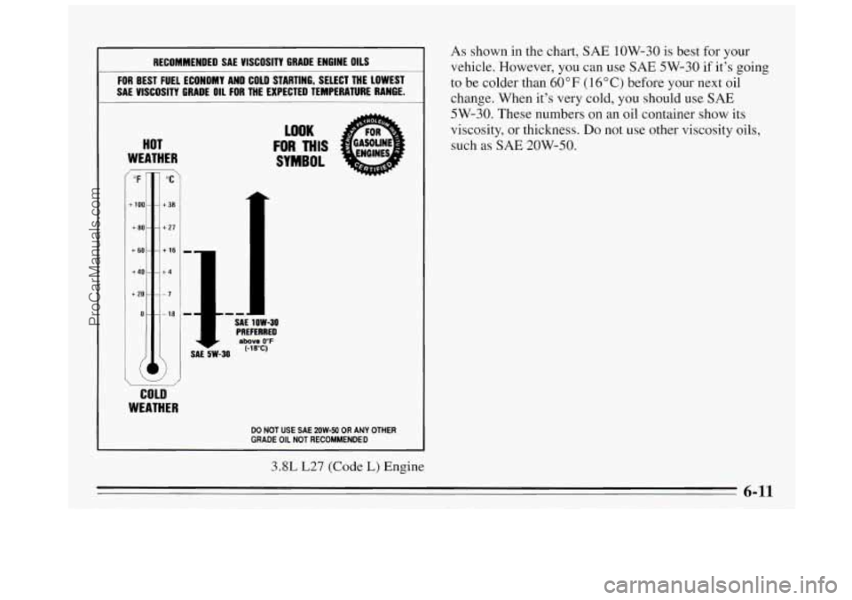 BUICK REGAL 1995  Owners Manual RECOMMENDED SAE  VISCOSITY GRADE ENGINE OILS 
FOR BEST  FUEL  ECONOMY  AND  COLD  STARTING,  SELECT  THE  LOWEST 
SAL  VISCOSITY  GRADE 
OIL FOR THE  EXPECTED  TEMPERATURE  RANGE. - 
HOT 
WEATHER 
- "