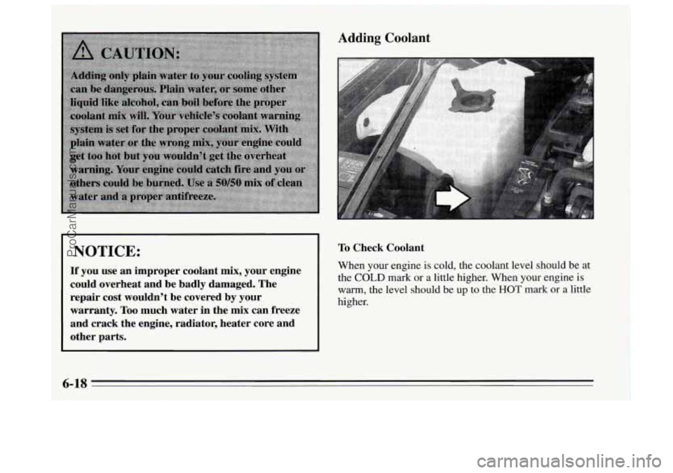 BUICK REGAL 1995  Owners Manual I NOTICE: 
If  you  use an improper  coolant  mix,  your  engine 
could  overheat  and  be  badly  damaged.  The 
repair  cost  wouldn’t  be covered  by  your 
warranty.  Too  much  water  in the  m