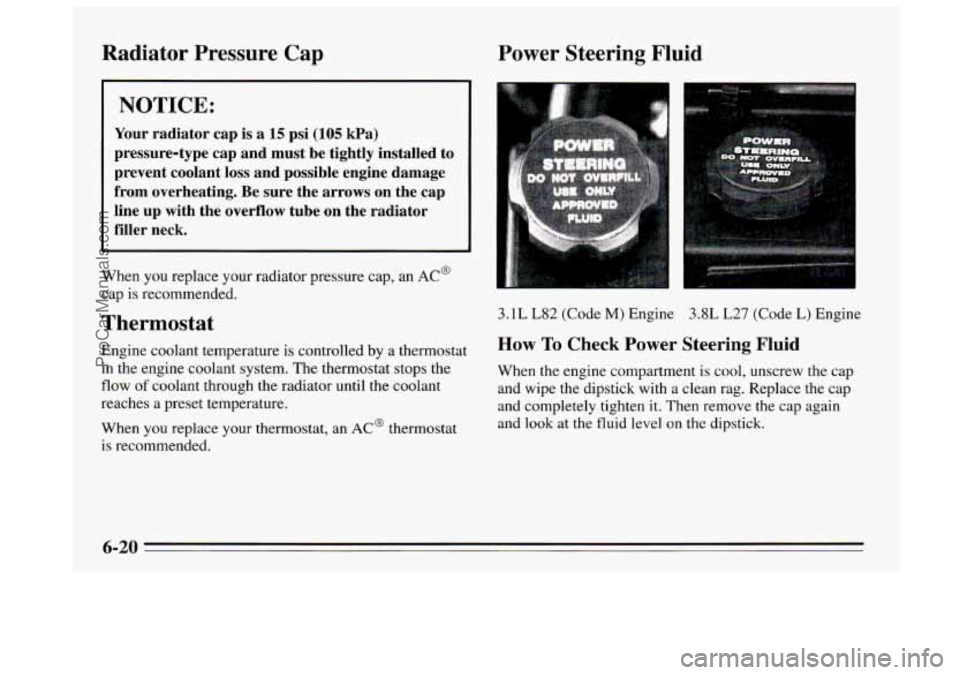 BUICK REGAL 1995  Owners Manual Radiator  Pressure  Cap Power  Steering  Fluid 
NOTICE: 
Your radiator  cap is a 15 psi (105 kPa) 
pressure-type  cap  and  must  be  tightly  installed  to 
prevent  coolant  loss  and  possible  eng