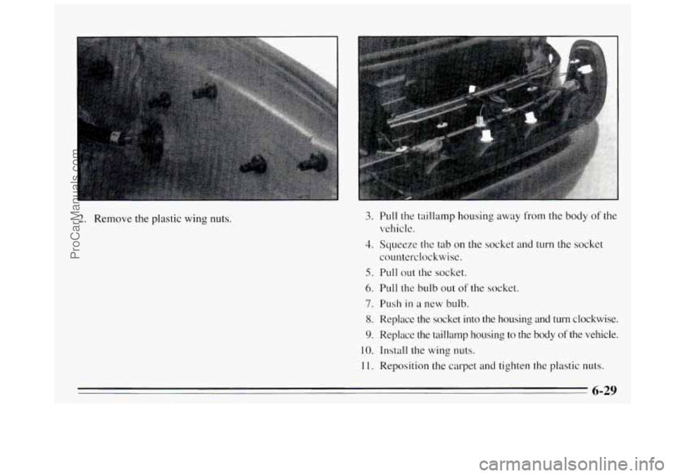 BUICK REGAL 1995  Owners Manual 2. Remove the plastic wing nuts. 3. Pull the taillamp housing away from the  body of the 
4. Squeeze the tab on the socket  and  turn the socket 
5. Pull out the socket. 
6. Pull  the bulb out of the 