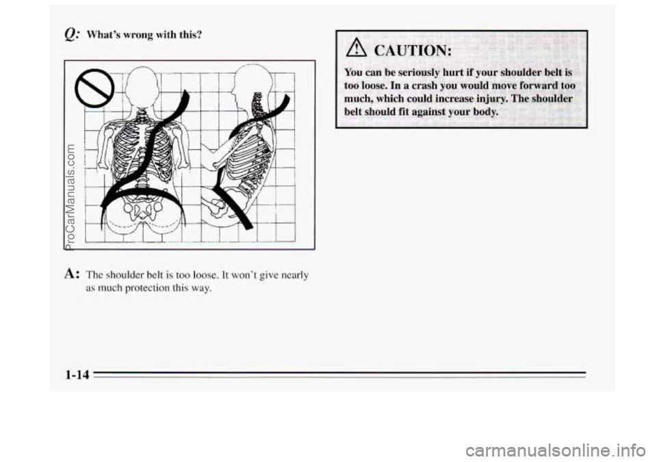BUICK REGAL 1995  Owners Manual Q: What’s wrong with  this? 
A: The shoulder  belt is too loose. It won’t give nearly 
as much  protection this way. 
1-14 
ProCarManuals.com 