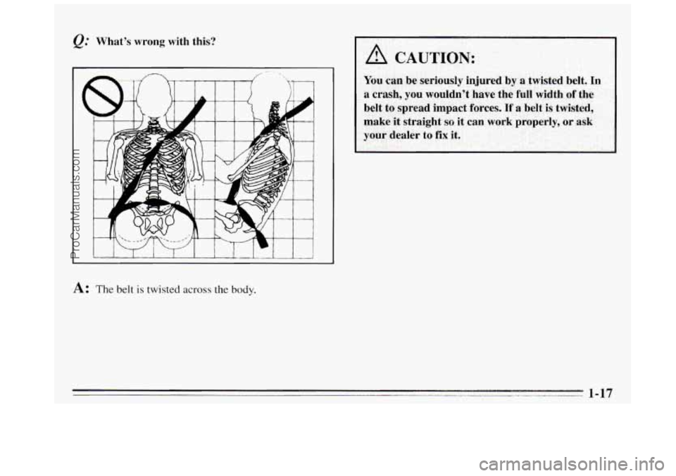 BUICK REGAL 1995  Owners Manual What’s  wrong  with  this? 
A: The belt is twisted across the body. 
ProCarManuals.com 