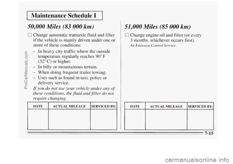 BUICK REGAL 1995  Owners Manual I Maintenance  Schedule I I 
50,000 Miles (83 000 km) 
0 Change automatic transaxle fluid and filter 
if the vehicle is mainly driven under one  or 
more  of these conditions: 
- In heavy city traffic