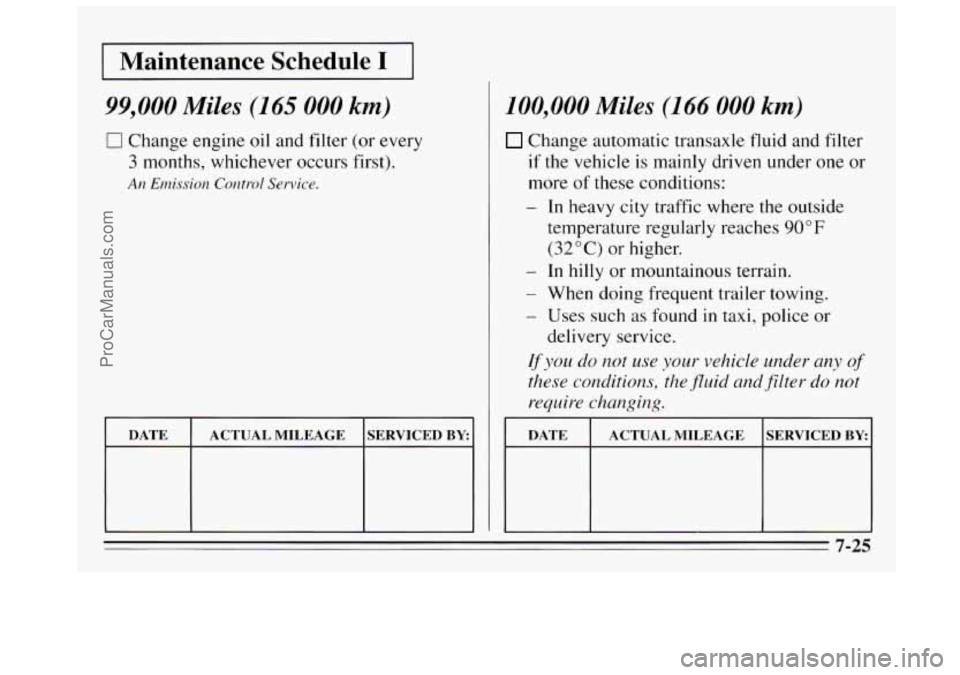 BUICK REGAL 1995  Owners Manual I Maintenance  Schedule I I 
99,000 Miles (165 000 km) 
[J Change  engine oil  and filter (or every 
3 months,  whichever  occurs  first). 
An Emission Contm1 Service. 
DATE  ACTUAL  MILEAGE  SERVICED