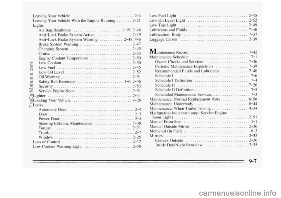BUICK REGAL 1995  Owners Manual Leaving Your  Vehicle ............................. 2-4 
Lights  Leaving  Your  Vehicle  With  the  Engine  Running 
....... 2-21 
Air  Bag Readiness 
...................... 1 . 19.  2.46 
Anti-Lock  