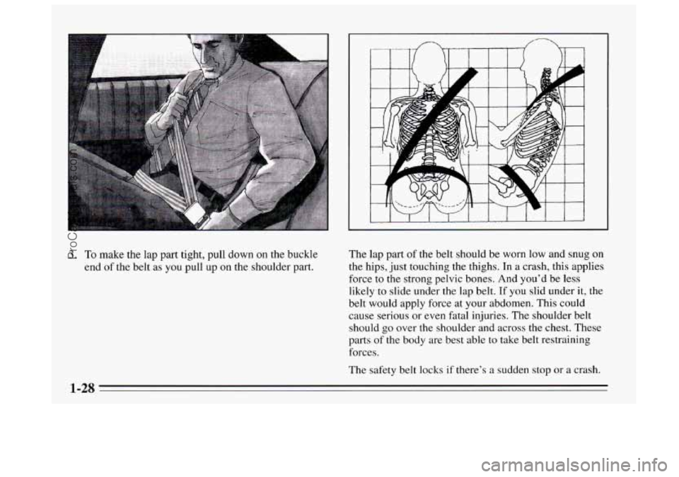 BUICK REGAL 1995  Owners Manual 3. To make the lap part  tight,  pull down on the buckle 
end  of the belt as  you pull  up 
on the shoulder  part. 
The lap part of the belt should be  worn low and snug on 
the hips,  just touching 