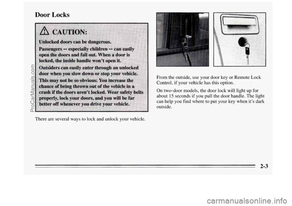 BUICK REGAL 1995  Owners Manual Door Locks 
There  are several ways  to lock and unlock your vehicle.  From the 
outside, 
use your door key or Remote Lock 
Control,  if your vehicle  has  this option. 
On two-door  models, the door