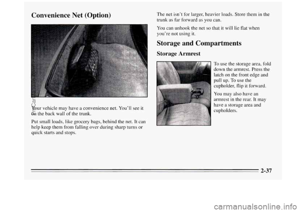 BUICK REGAL 1995  Owners Manual Convenience  Net  (Option) 
Your vehicle  may have a convenience  net.  You’ll see it 
on the back  wall  of the trunk. 
Put  small  loads,  like  grocery bags, behind the  net.  It  can 
help keep 