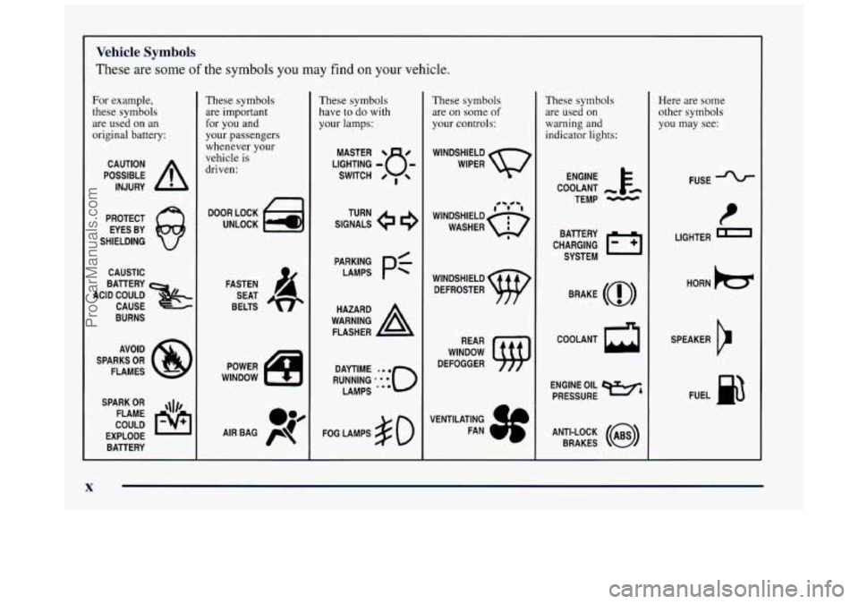BUICK REGAL 1997  Owners Manual Vehicle Symbols 
These  are  some of the symbols  you  may find on your vehicle. 
For example, 
these  symbols 
are  used  on an 
original  battery: 
POSSIBLE A 
CAUTION 
INJURY 
PROTECT  EYES  BY 
SH