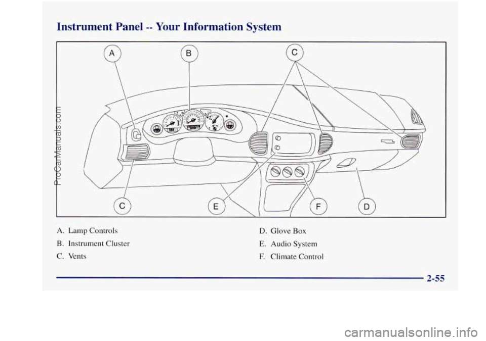 BUICK REGAL 1997  Owners Manual Instrument  Panel -- Your Information  System 
A. Lamp Controls 
B. Instrument  Cluster 
C.  Vents 
D. Glove Box 
E. Audio System 
F. Climate  Control 
ProCarManuals.com 