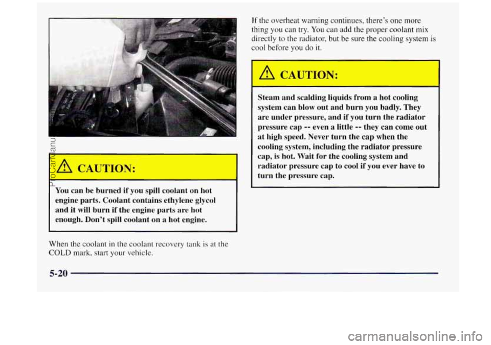 BUICK REGAL 1997  Owners Manual You can be burned  if you  spill  coolant  on  hot 
engine  parts.  Coolant  contains  ethylene  glycol 
and  it  will burn  if the  engine  parts  are  hot 
enough.  Don’t  spill  coolant  on  a  h