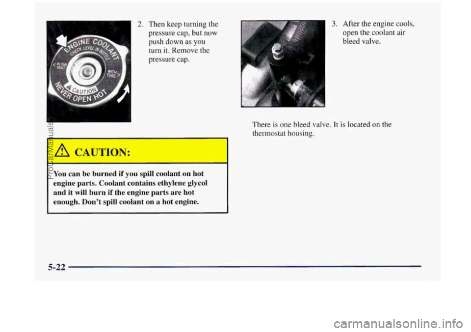 BUICK REGAL 1997  Owners Manual 2. Then keep turning  the 
pressure 
cap, but  now 
push down as 
you 
turn it.  Remove the 
pressure  cap. 
I I 
 /$ CAUTION: 
I 
I 
You can be  burned  if  you  spill  coolant  on  hot 
engine  par