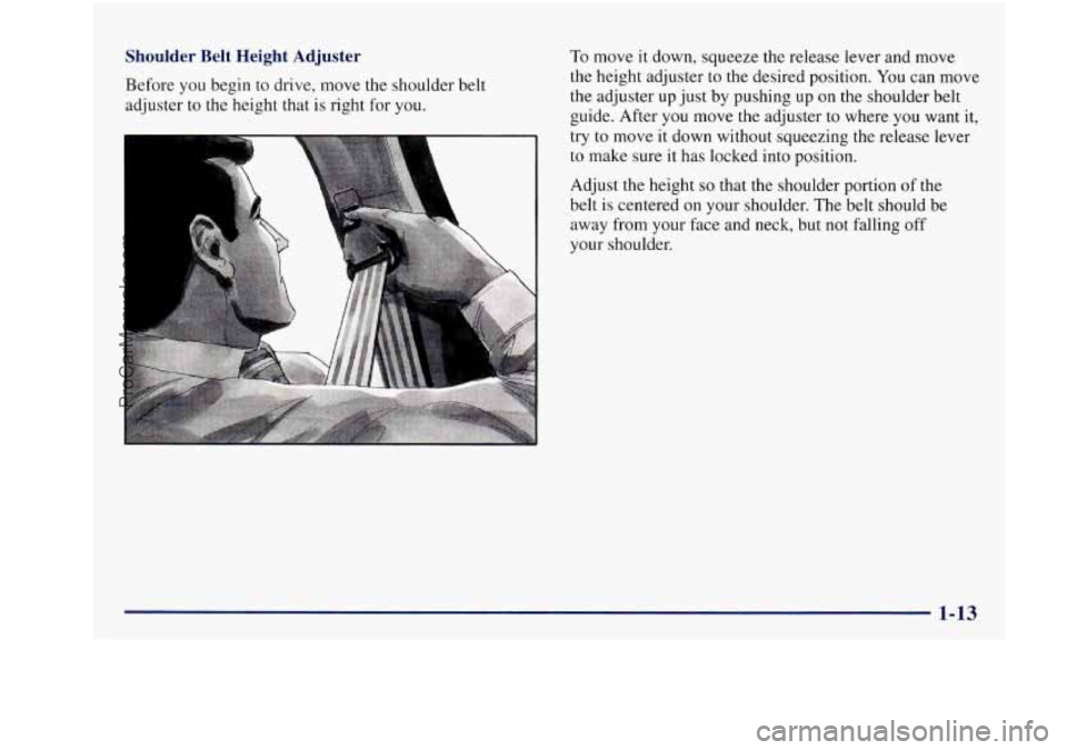 BUICK REGAL 1997  Owners Manual Shoulder  Belt  Height  Adjuster 
Before you begin  to  drive,  move  the  shoulder  belt 
adjuster  to the height  that 
is right for  you. 
To move it down,  squeeze  the  release  lever and move 
t