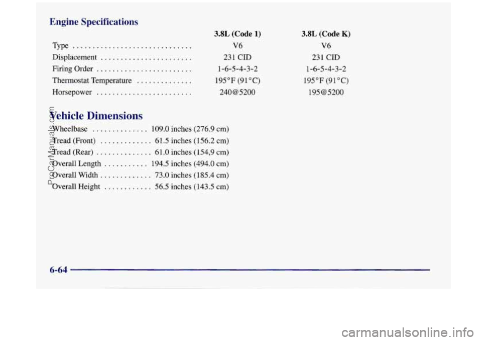 BUICK REGAL 1997  Owners Manual Engine  Specifications 
Type .............................. 
Displacement ....................... 
Firing  Order ........................ 
Horsepower ........................ 
Thermostat  Temperature 