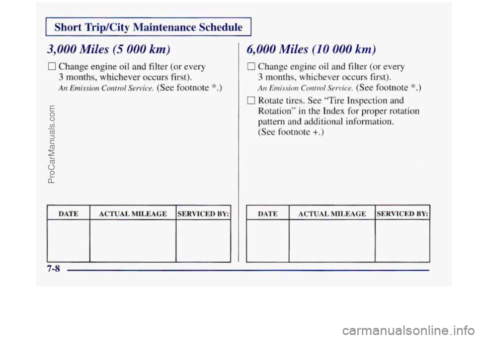 BUICK REGAL 1997  Owners Manual I Short Trip/City  Maintenance  Schedule I 
3,000 Miles (5 000 km) 
0 Change engine oil and filter (or every 
3 months, whichever  occurs  first). 
An Emission. Control Service. (See footnote *.) 
DAT