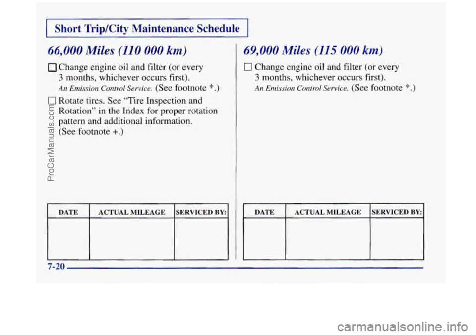 BUICK REGAL 1997  Owners Manual I Short  Trip/City  Maintenance  Schedule I 
66,000 Miles (110 000 km) 
Change engine oil and filter  (or  every 
3 months,  whichever occurs first). 
An Emission Control Service. (See footnote *.) 
0