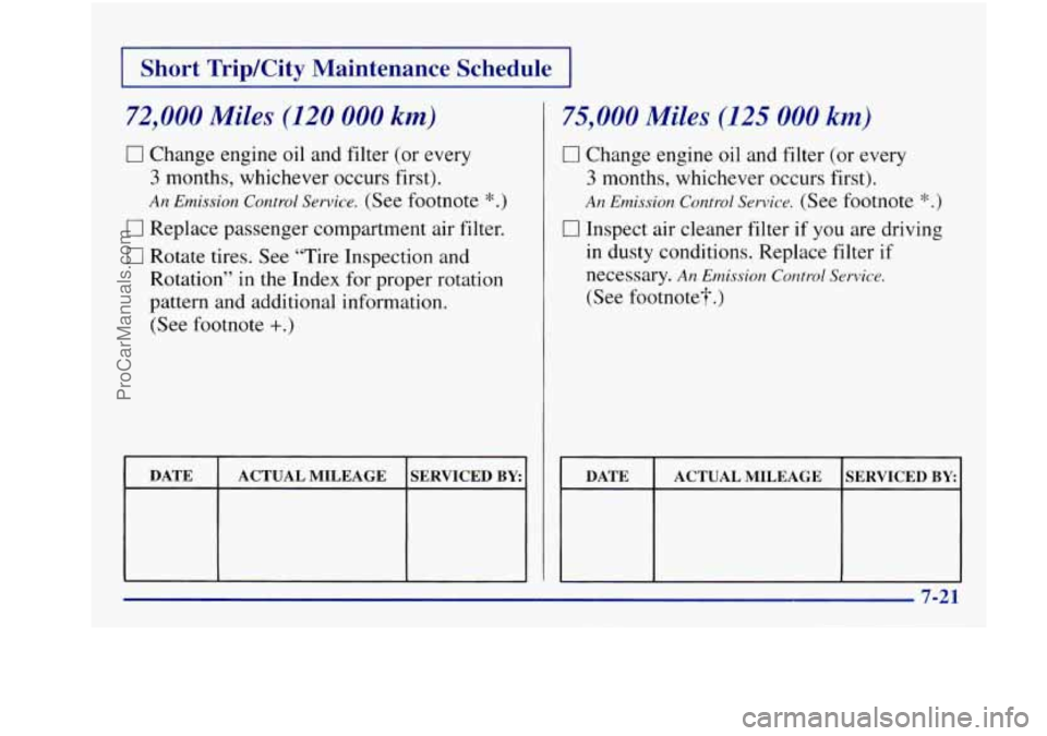 BUICK REGAL 1997  Owners Manual Short TripKity  Maintenance  Schedule 
72,000  Miles  (120 000 km) 
0 Change engine  oil  and filter (or  every 
3 months, whichever occurs  first). 
An Emission Control Sewice. (See footnote *.) 
0 R