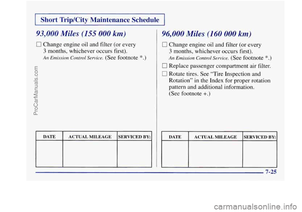 BUICK REGAL 1997  Owners Manual I Short  Trip/City  Maintenance  Schedule I 
93,000 Miles (155 000 km) 
0 Change engine oil and filter (or every 
3 months, whichever occurs first). 
An Emission Control Service. (See footnote *.) 
h 