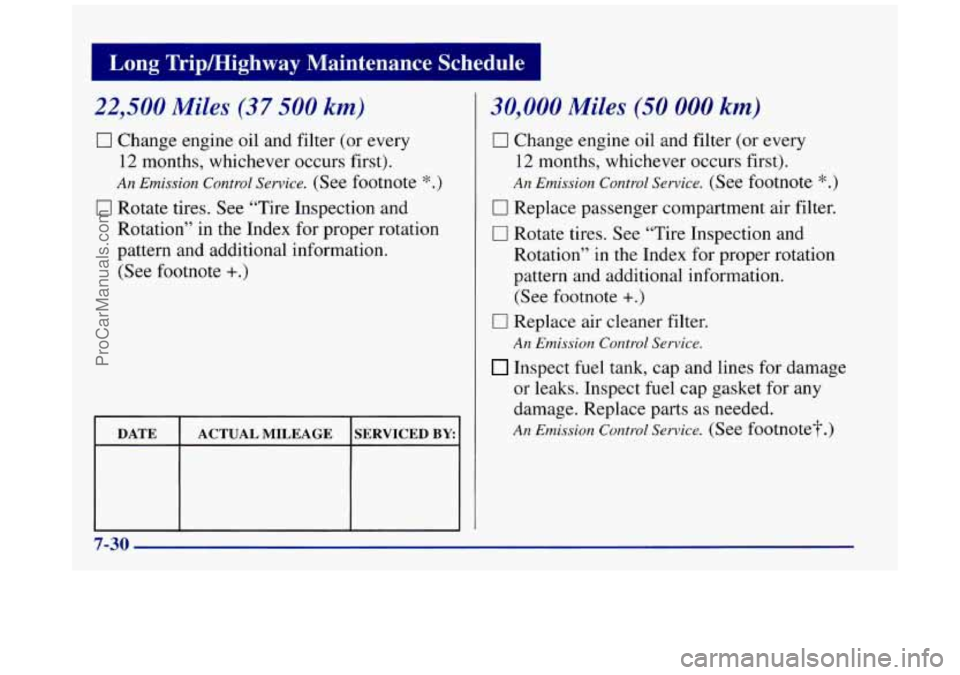 BUICK REGAL 1997  Owners Manual 22,500 Miles (37 500 km) 
0 Change engine oil and filter  (or every 
12 months,  whichever  occurs first). 
An Emission  Control Service. (See footnote *.) 
0 Rotate tires. See “Tire  Inspection  an