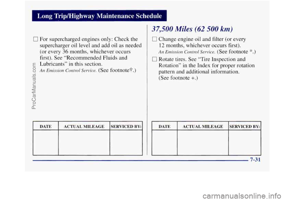 BUICK REGAL 1997  Owners Manual Long  Trip/Highway  Maintenance  Schedule I ~  ~~  ~~ - 
I7 For supercharged  engines only: Check  the 
supercharger  oil  level  and  add  oil  as  needed 
(or  every 
36 months,  whichever  occurs 
