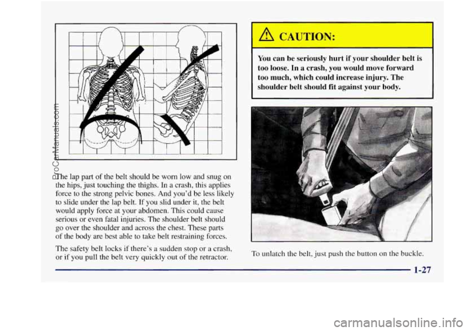 BUICK REGAL 1997  Owners Manual The lap part of the belt should be  worn  low and snug on 
the hips,  just touching the thighs. In a crash, this applies 
force to the strong pelvic bones.  And  you’d be less  likely 
to slide unde