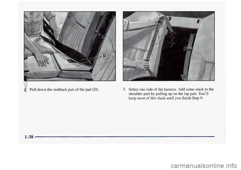 BUICK REGAL 1997  Owners Manual 4. Pull down the  seatback  part of the  pad (D). 5. Select  one  side of the  harness.  Add  some  slack  to  the 
shoulder  part  by 
pulling up on the  lap  part.  Youll 
keep  most 
of this  slac