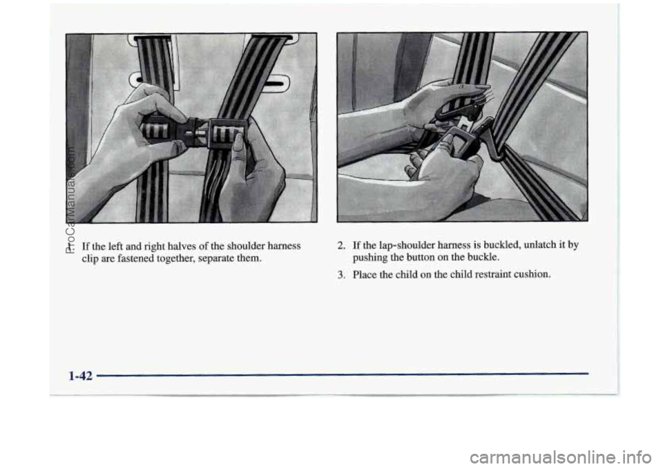 BUICK REGAL 1997  Owners Manual 1. If the  left  and  right  halves of the  shoulder  harness 
clip  are  fastened  together,  separate  them. 2. If  the  lap-shoulder  harness  is  buckled,  unlatch  it  by 
3. Place  the  child  o