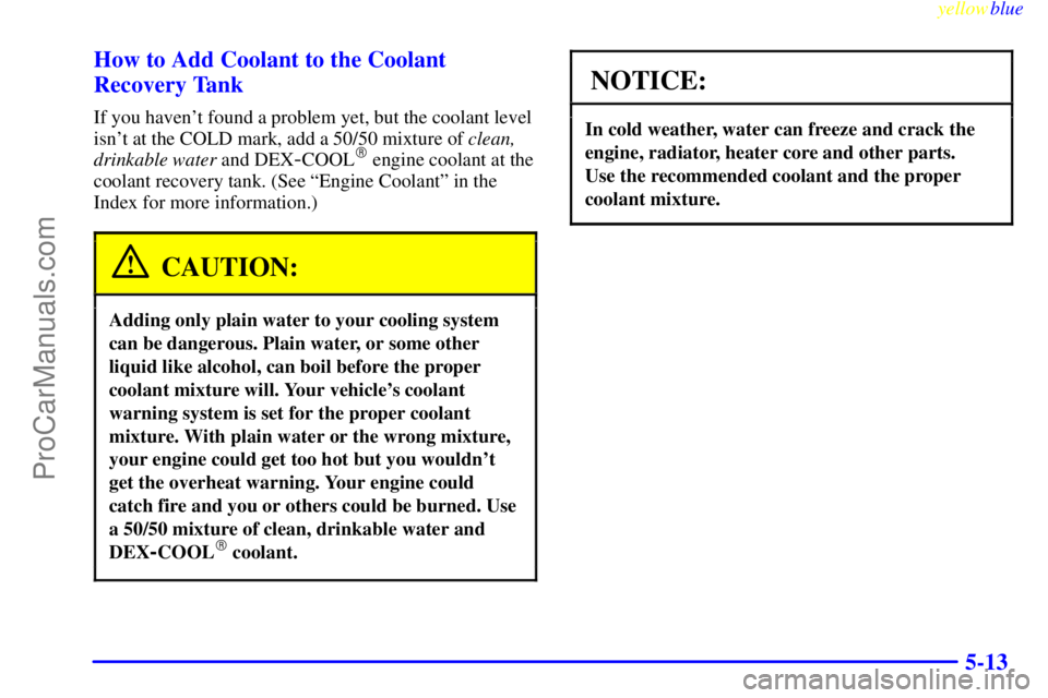 BUICK REGAL 1999  Owners Manual yellowblue     
5-13 How to Add Coolant to the Coolant
Recovery Tank
If you havent found a problem yet, but the coolant level
isnt at the COLD mark, add a 50/50 mixture of clean,
drinkable water and