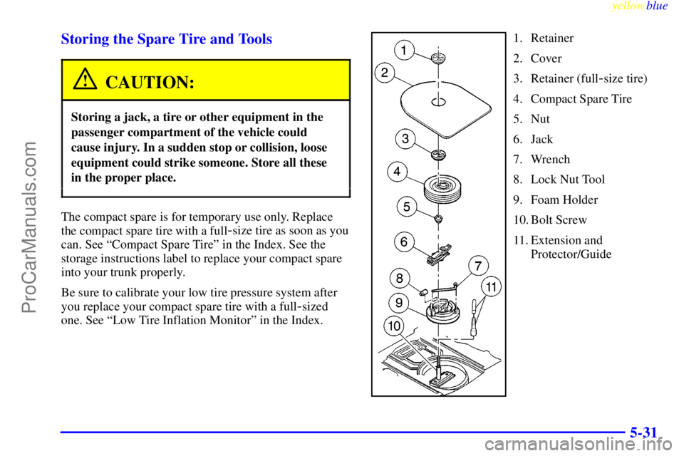 BUICK REGAL 1999  Owners Manual yellowblue     
5-31 Storing the Spare Tire and Tools
CAUTION:
Storing a jack, a tire or other equipment in the
passenger compartment of the vehicle could
cause injury. In a sudden stop or collision, 
