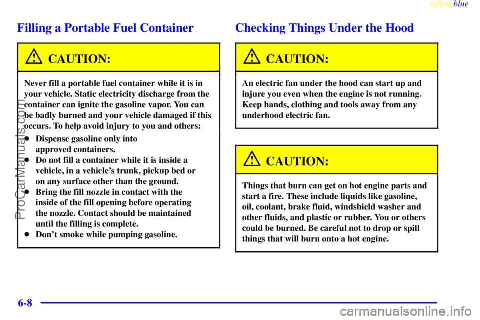 BUICK REGAL 1999 Owners Manual yellowblue
6-8
Filling a Portable Fuel Container
CAUTION:
Never fill a portable fuel container while it is in
your vehicle. Static electricity discharge from the
container can ignite the gasoline BUICK REGAL 1999 Owners Manual yellowblue
6-8
Filling a Portable Fuel Container
CAUTION:
Never fill a portable fuel container while it is in
your vehicle. Static electricity discharge from the
container can ignite the gasoline