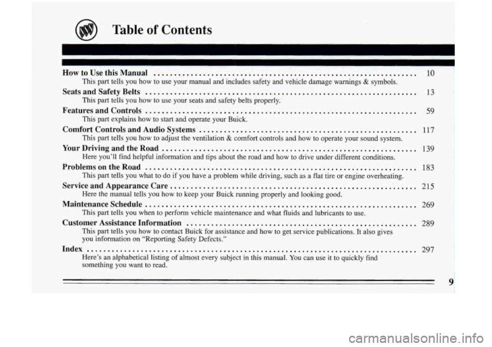 BUICK RIVIERA 1993  Owners Manual HowtoUsethisManual ................................................................ 
This part tells  you  how  to  use  your manual  and  includes  safety  and  vehicle  damage warnings & symbols. 
S