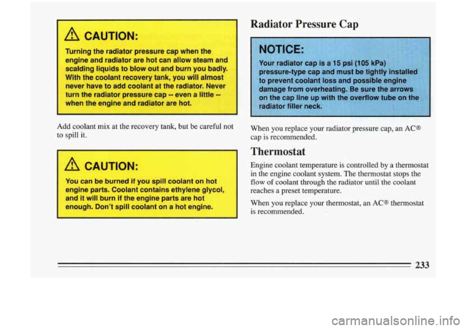 BUICK RIVIERA 1993  Owners Manual A CAUTION: 
Turning the radiator pressure cap when the 
engine and radiator  are hot can 
allow steam  and 
scalding  liquids to blow  out and  burn  you  badly. 
With the coolant recovery  tank, you 