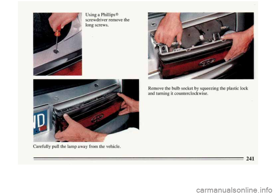 BUICK RIVIERA 1993  Owners Manual r 
Using  a Phillips@ 
screwdriver  remove  the 
long  screws. 
d,T&* g&@ 1 * *. 
.- 
Remove  the bulb  socket by squeezing  the  plastic  lock 
and  turning 
it counterclockwise. 
i 
Carefully  pull