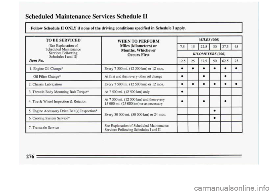 BUICK RIVIERA 1993  Owners Manual ~ Scheduled  Maintenance  Services  Schedule I1 
~ 
~ . 
I 
Follow  Schedule 
I1  ONLY  if none  of  the  driving  conditions  specified in Schedule  I  apply. 
TO BE  SERVICED 
(See  Explanation  of 
